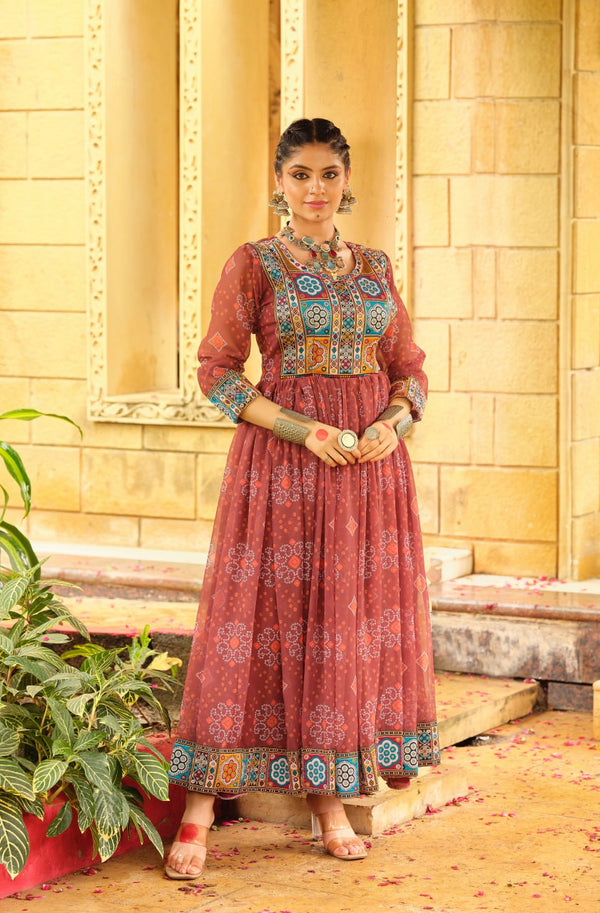 Traditional Wear Brown Color Gamthi Work Navratri Gown
