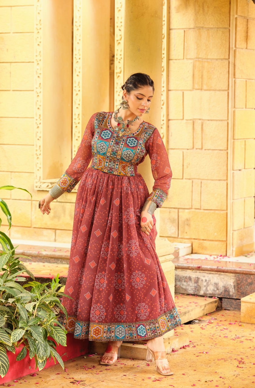 Traditional Wear Brown Color Gamthi Work Navratri Gown