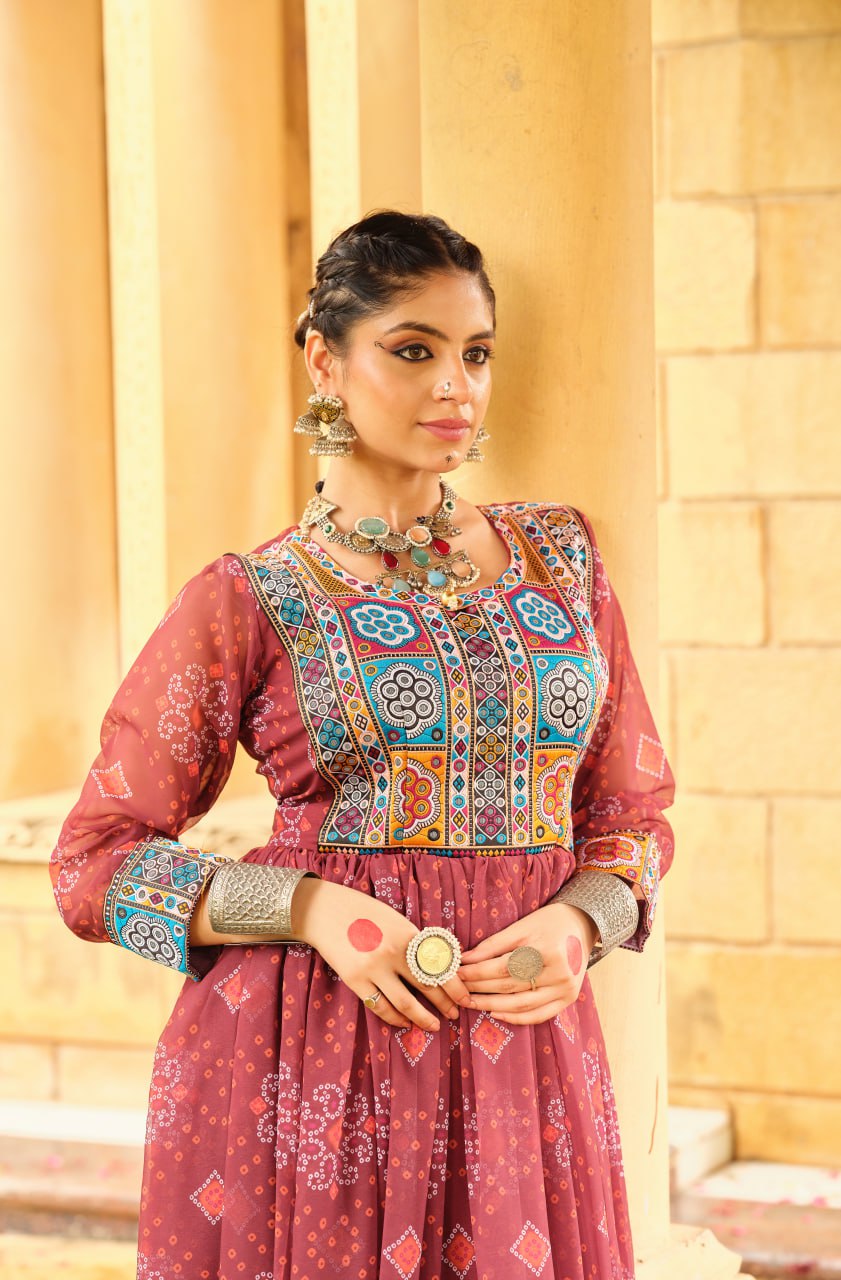 Traditional Wear Brown Color Gamthi Work Navratri Gown