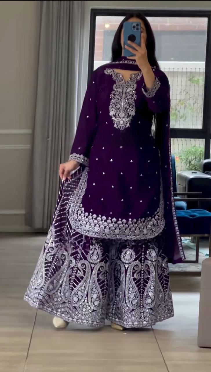 Wedding Wear Purple Color Pure Heavy Chinon Silk With Heavy Embroidery Work Palazzo Suit