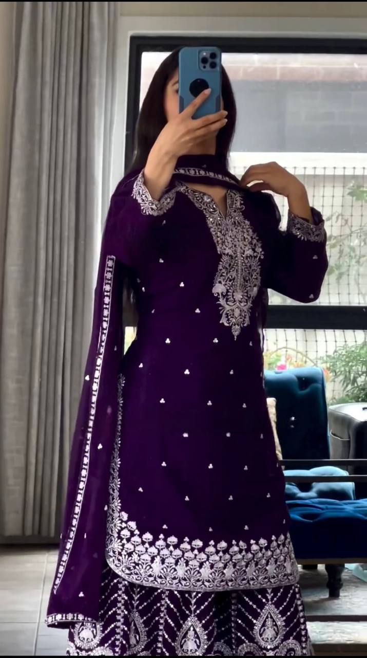 Wedding Wear Purple Color Pure Heavy Chinon Silk With Heavy Embroidery Work Palazzo Suit