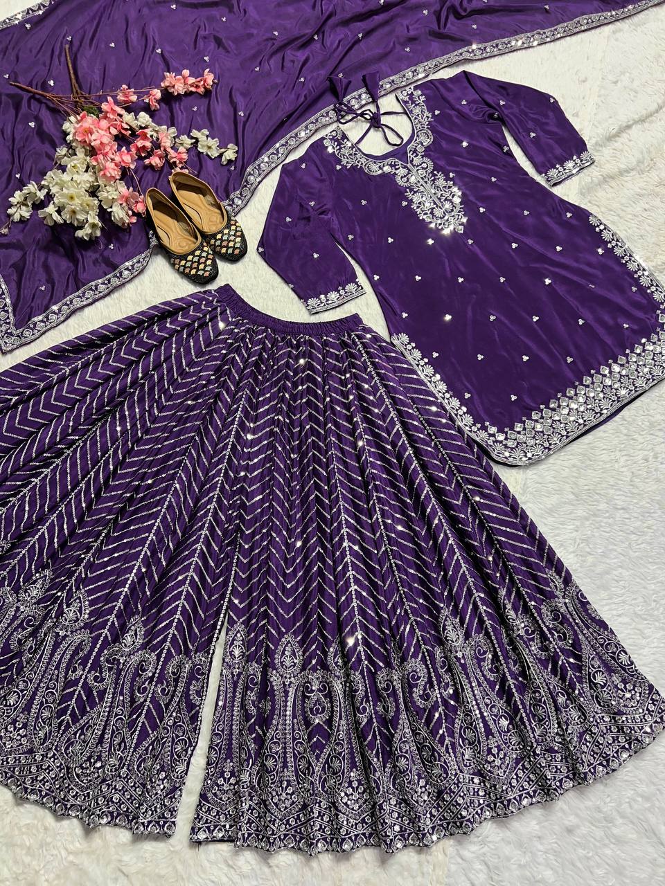 Wedding Wear Purple Color Pure Heavy Chinon Silk With Heavy Embroidery Work Palazzo Suit