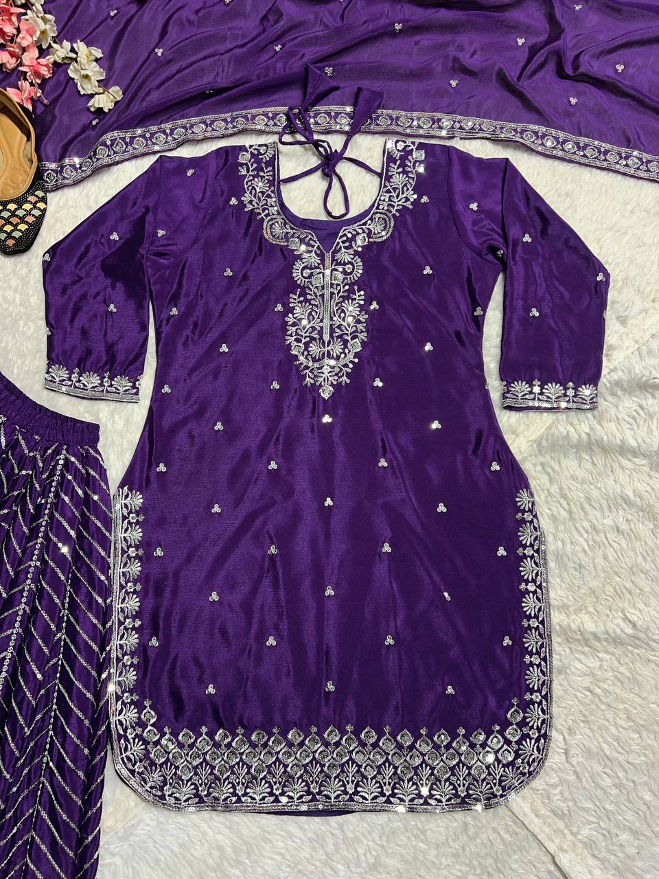 Wedding Wear Purple Color Pure Heavy Chinon Silk With Heavy Embroidery Work Palazzo Suit
