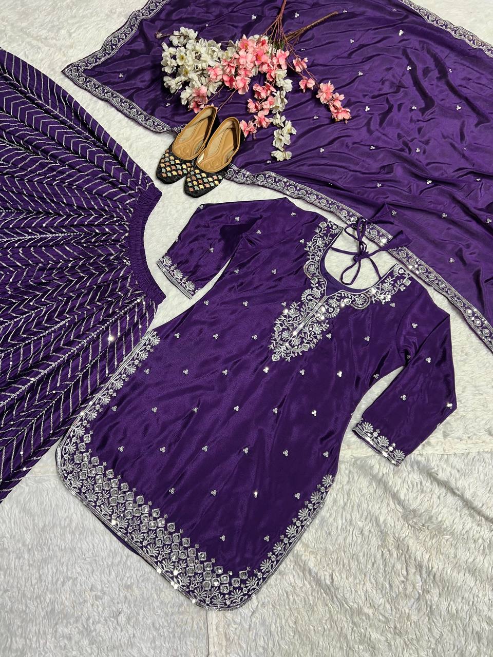 Wedding Wear Purple Color Pure Heavy Chinon Silk With Heavy Embroidery Work Palazzo Suit