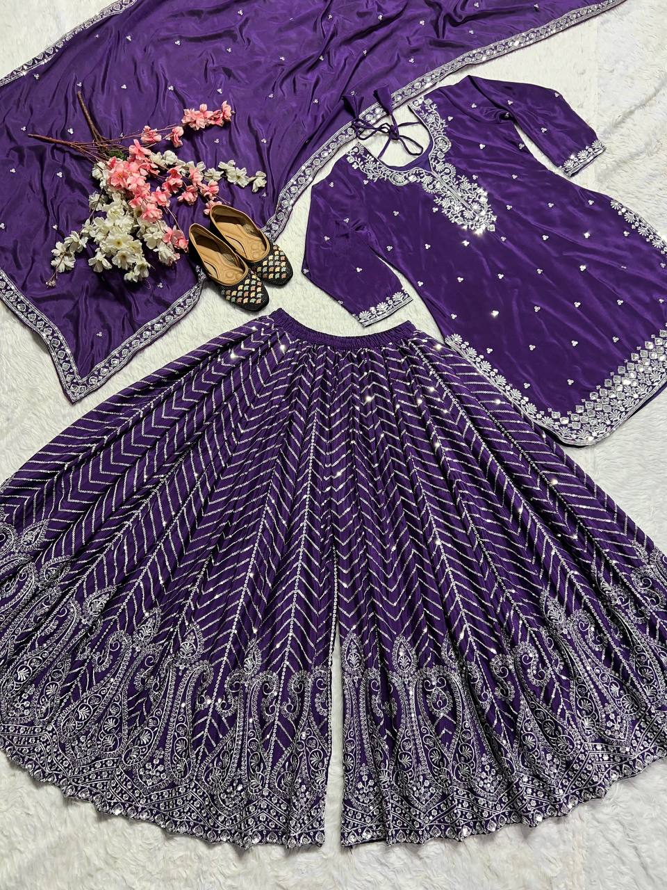 Wedding Wear Purple Color Pure Heavy Chinon Silk With Heavy Embroidery Work Palazzo Suit