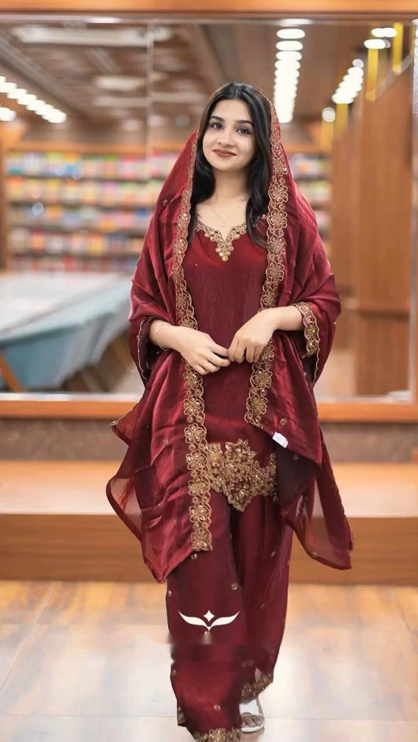 Elegant Maroon Color Pure Jimmy Choo Silk With Heavy Embroidery Sequence Work Palazzo Suit