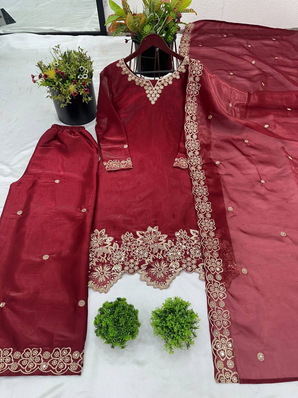 Elegant Maroon Color Pure Jimmy Choo Silk With Heavy Embroidery Sequence Work Palazzo Suit