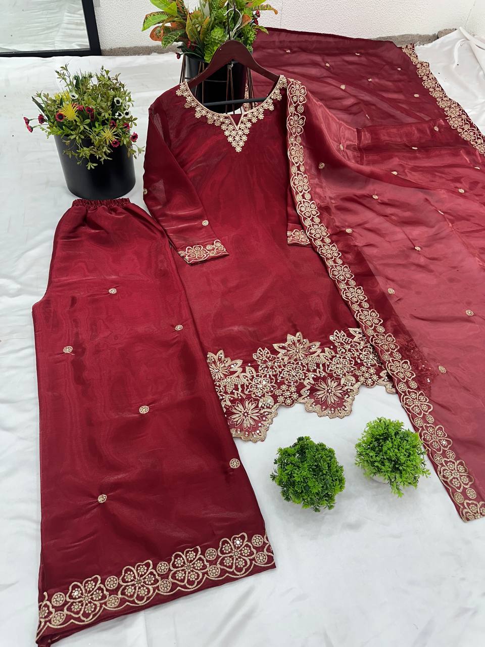 Elegant Maroon Color Pure Jimmy Choo Silk With Heavy Embroidery Sequence Work Palazzo Suit