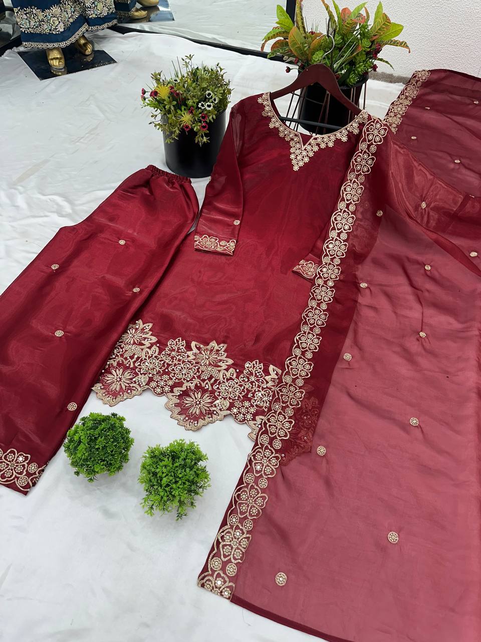 Elegant Maroon Color Pure Jimmy Choo Silk With Heavy Embroidery Sequence Work Palazzo Suit