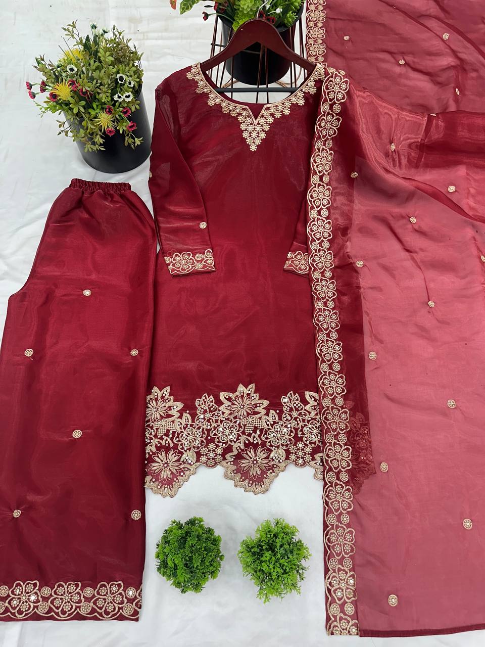 Elegant Maroon Color Pure Jimmy Choo Silk With Heavy Embroidery Sequence Work Palazzo Suit