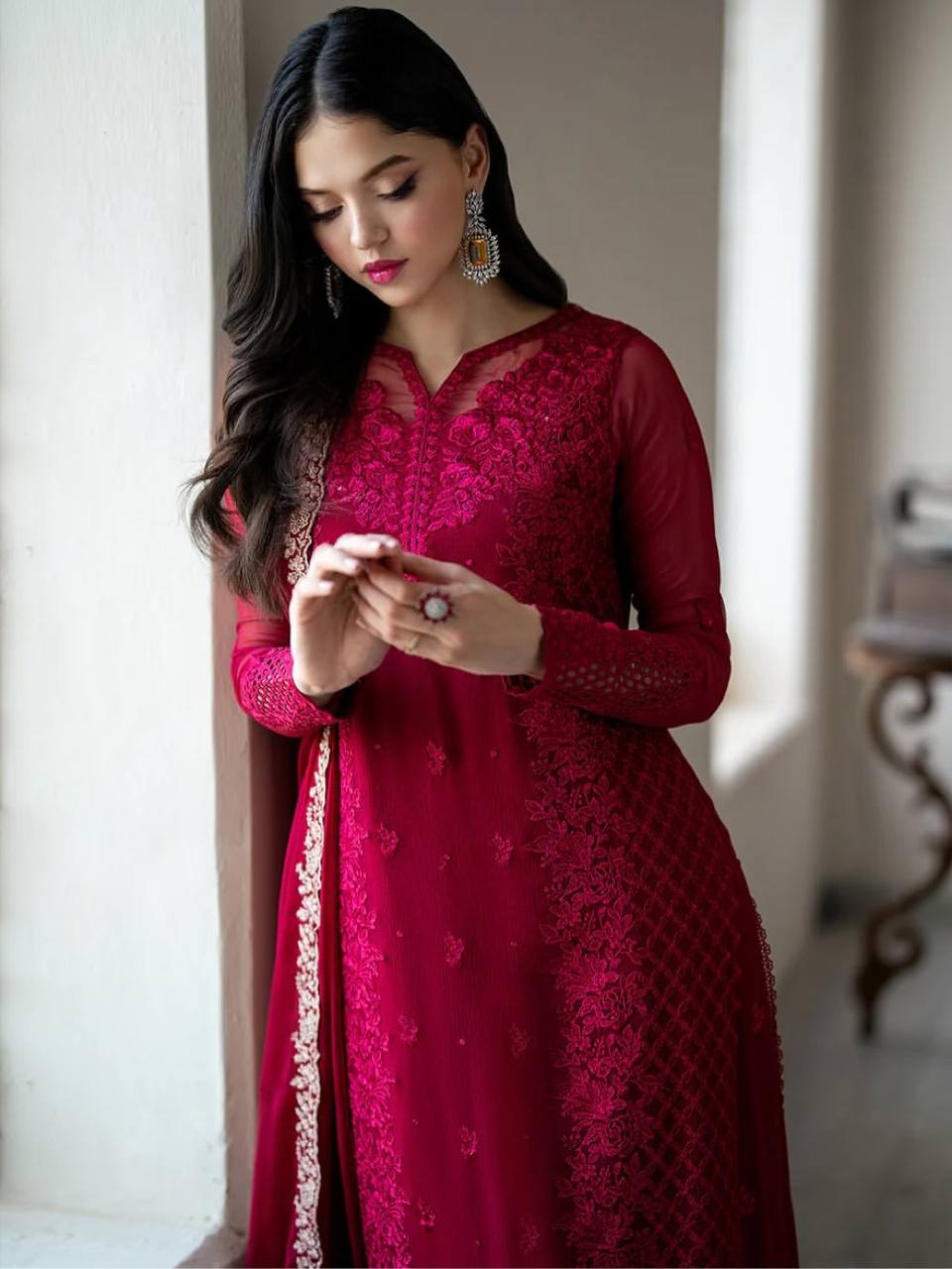 Gorgeous Maroon Color Embroidered Designer Palazzo Suit