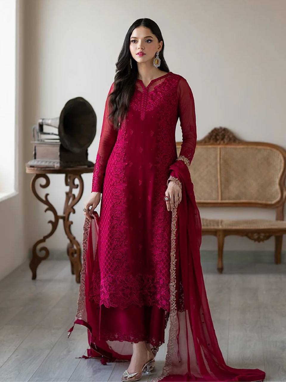 Gorgeous Maroon Color Embroidered Designer Palazzo Suit