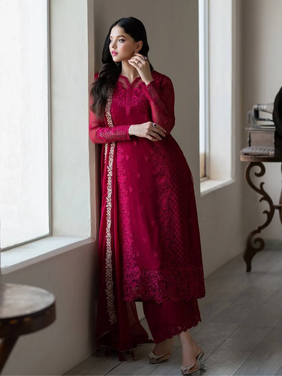 Gorgeous Maroon Color Embroidered Designer Palazzo Suit