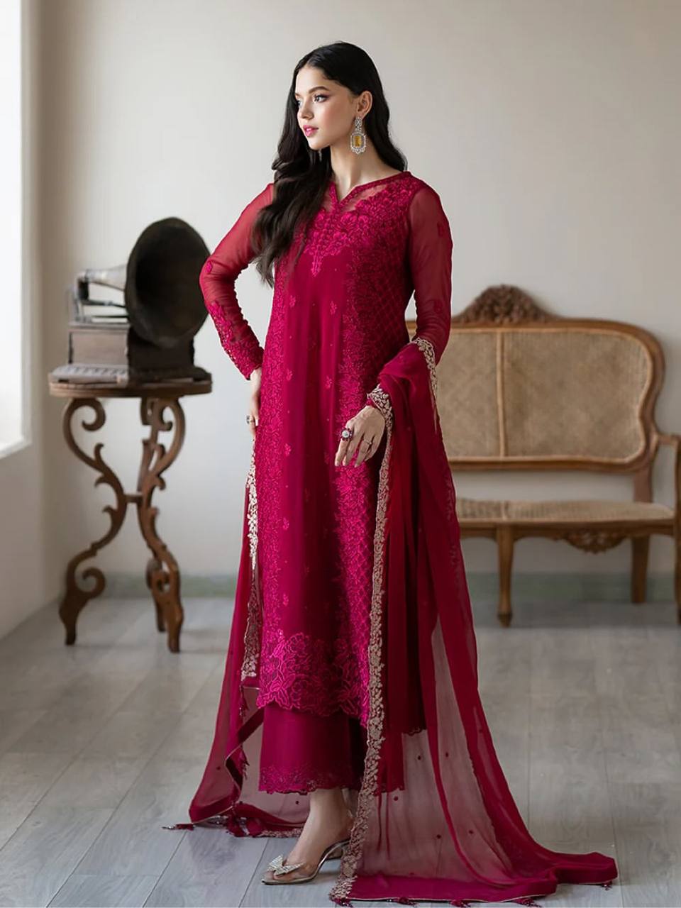 Gorgeous Maroon Color Embroidered Designer Palazzo Suit