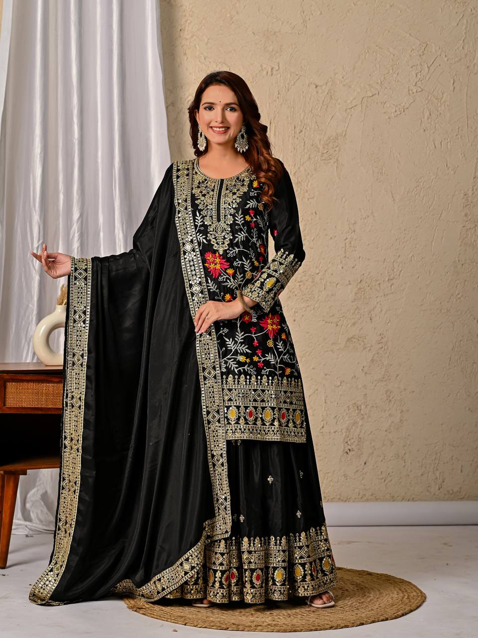 Wedding Wear Black Color Embroidered Designer Sharara Suit