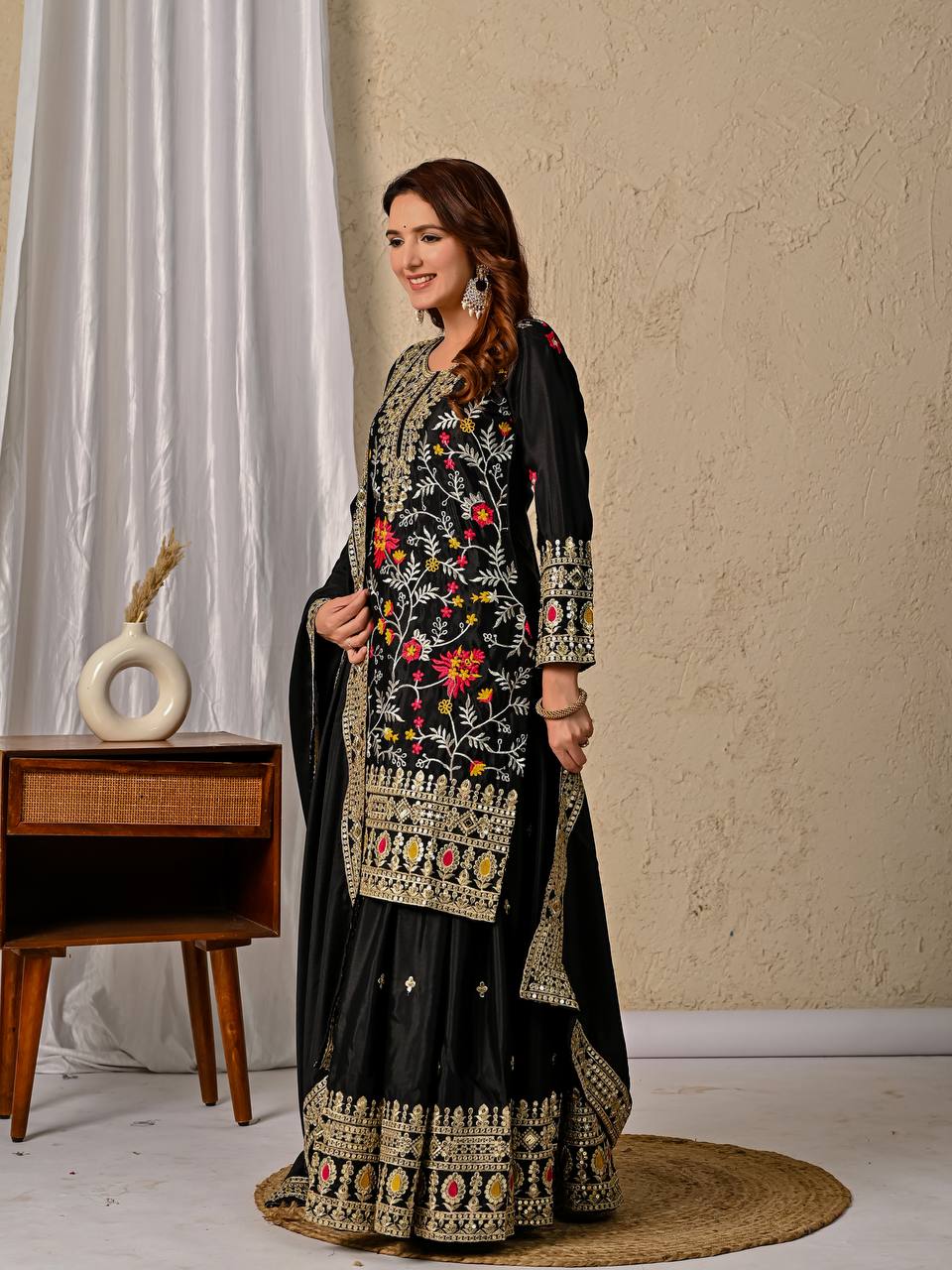 Wedding Wear Black Color Embroidered Designer Sharara Suit