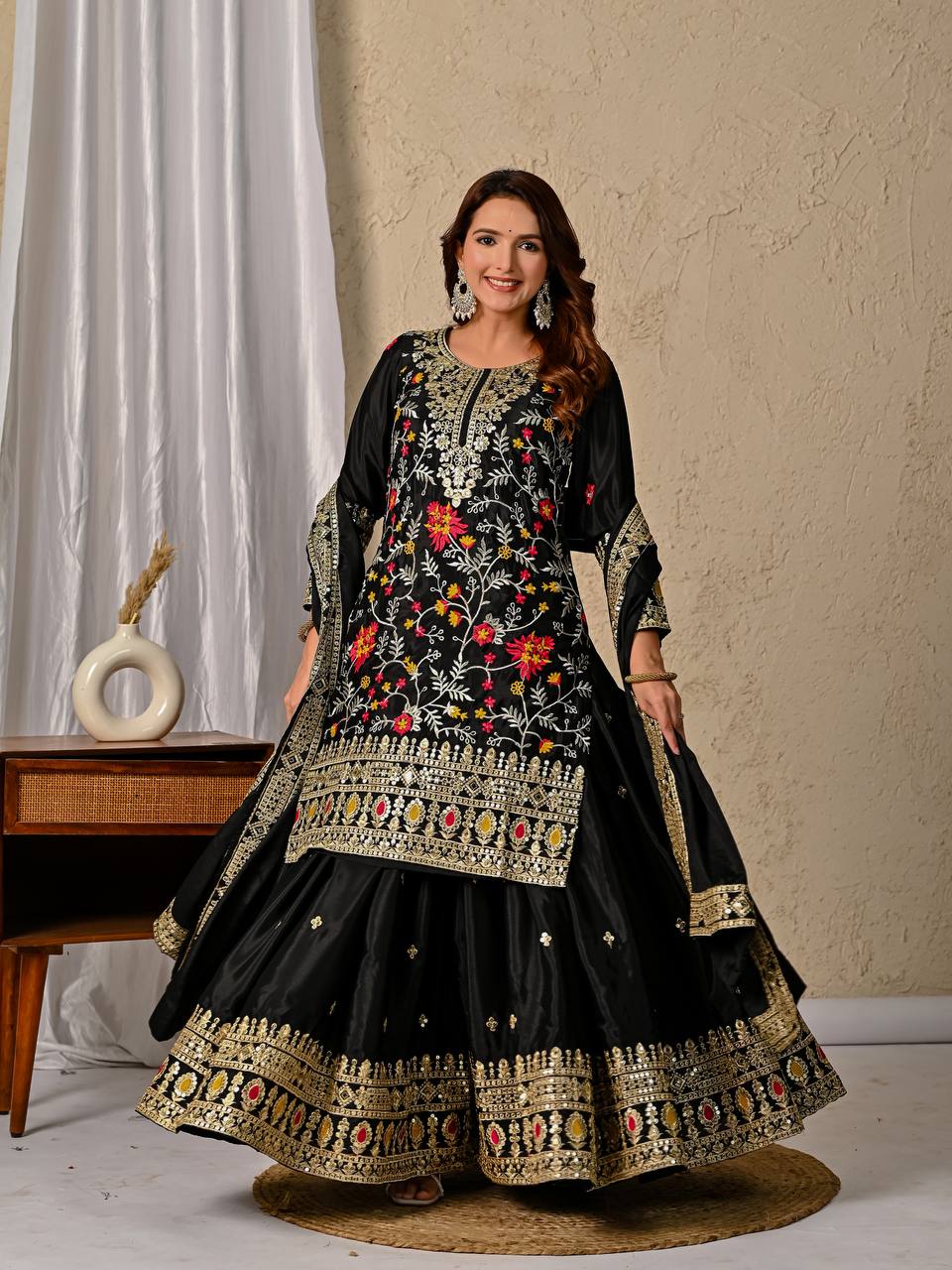 Wedding Wear Black Color Embroidered Designer Sharara Suit