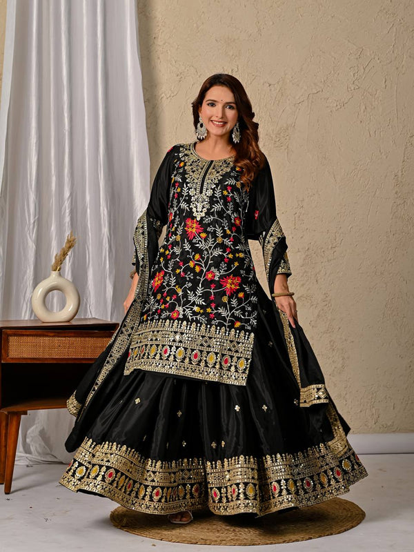 Wedding Wear Black Color Embroidered Designer Sharara Suit