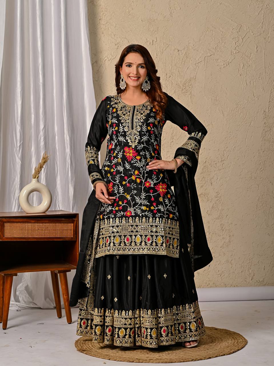 Wedding Wear Black Color Embroidered Designer Sharara Suit
