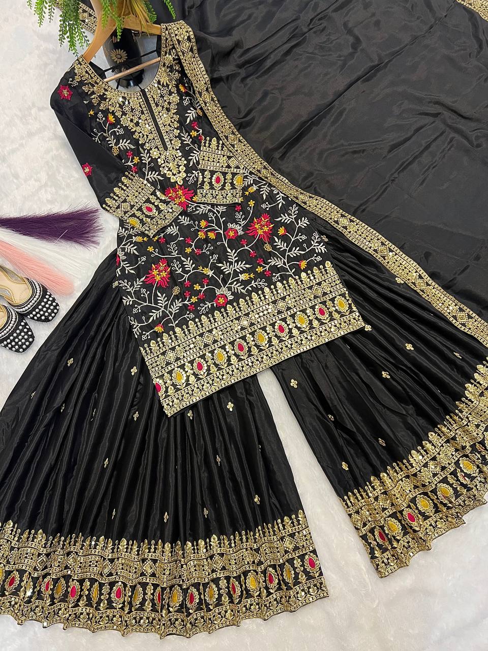 Wedding Wear Black Color Embroidered Designer Sharara Suit