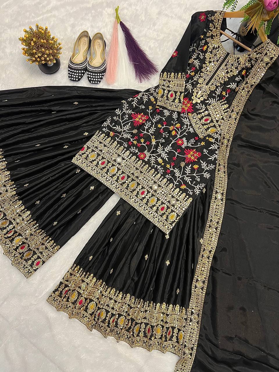 Wedding Wear Black Color Embroidered Designer Sharara Suit