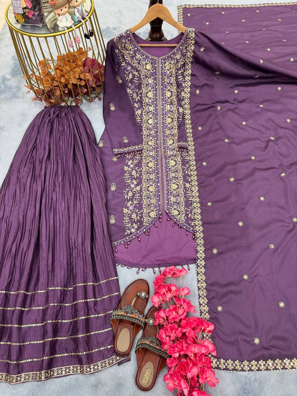 Exclusive Lavender Color Heavy Pure Chinon Silk With Heavy Embroidery Designer Palazzo Suit