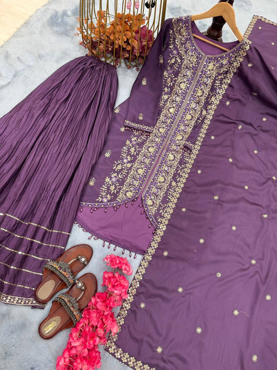 Exclusive Lavender Color Heavy Pure Chinon Silk With Heavy Embroidery Designer Palazzo Suit