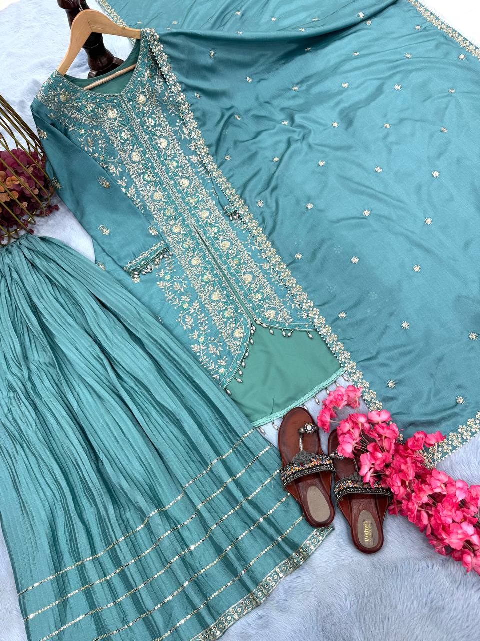 Exclusive Sky Blue Color Heavy Pure Chinon Silk With Heavy Embroidery Designer Palazzo Suit