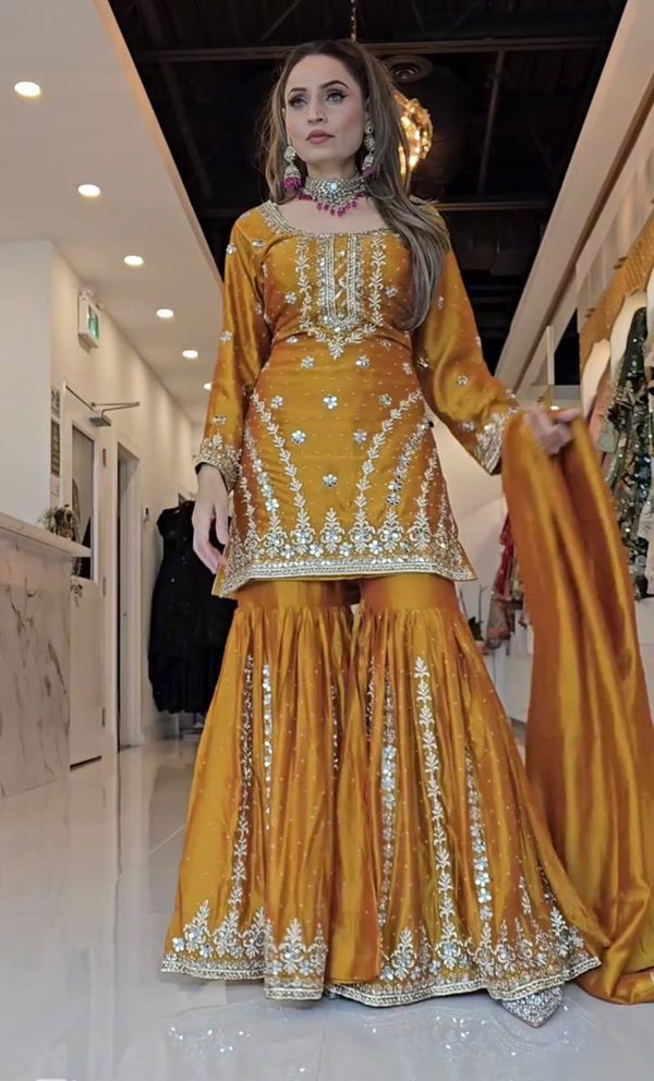 Stunning Golden Color Pure Heavy Chinon Silk With Embroidery Work Sharara Suit
