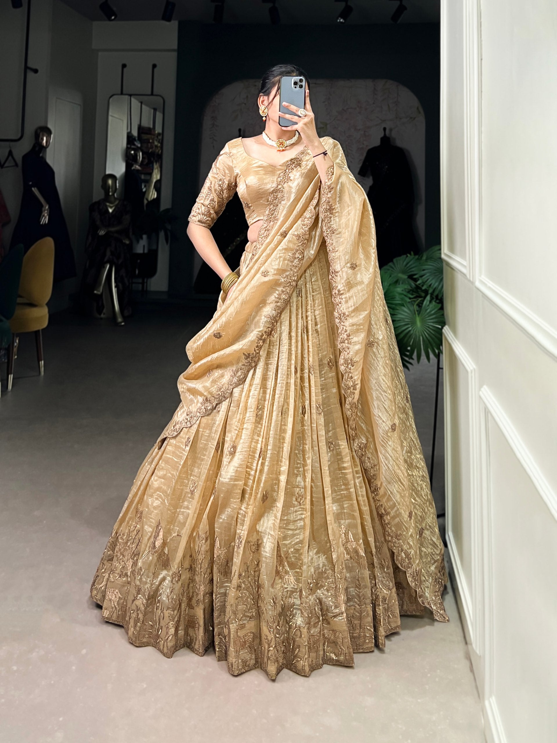 Outstanding Beige Color Gold Crush With Sequins And Thread Embroidery Work Lehenga Choli