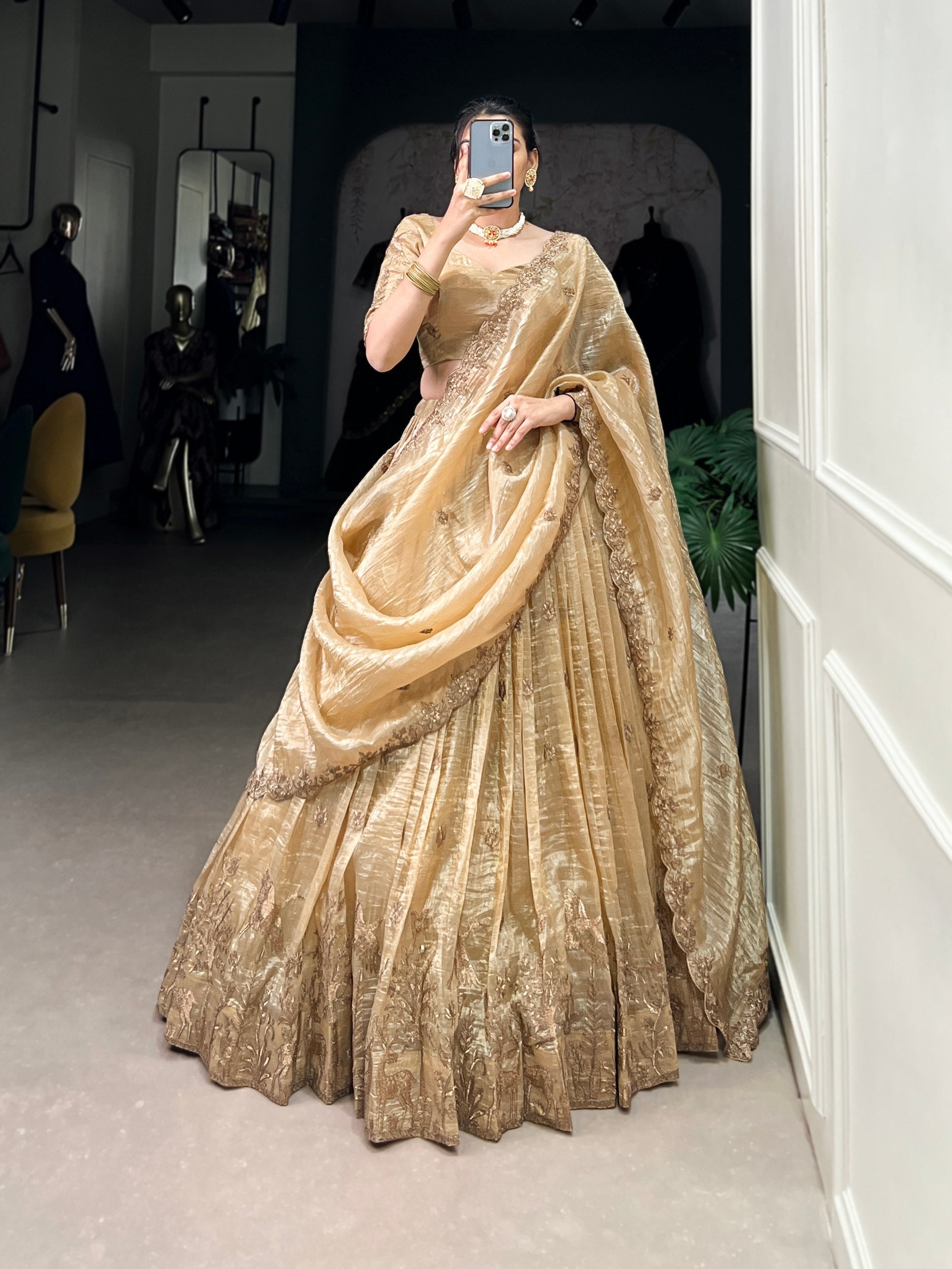 Outstanding Beige Color Gold Crush With Sequins And Thread Embroidery Work Lehenga Choli