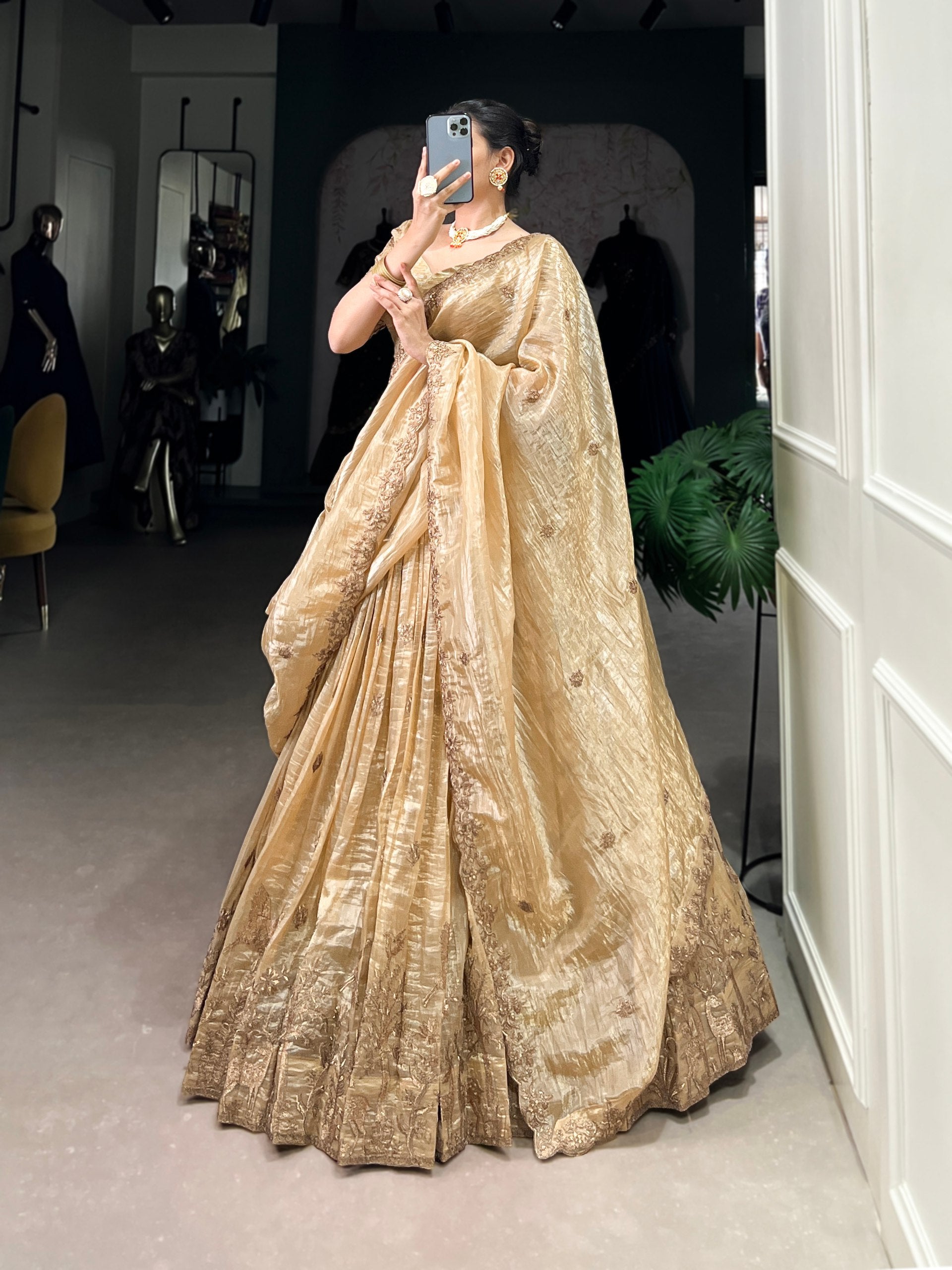 Outstanding Beige Color Gold Crush With Sequins And Thread Embroidery Work Lehenga Choli