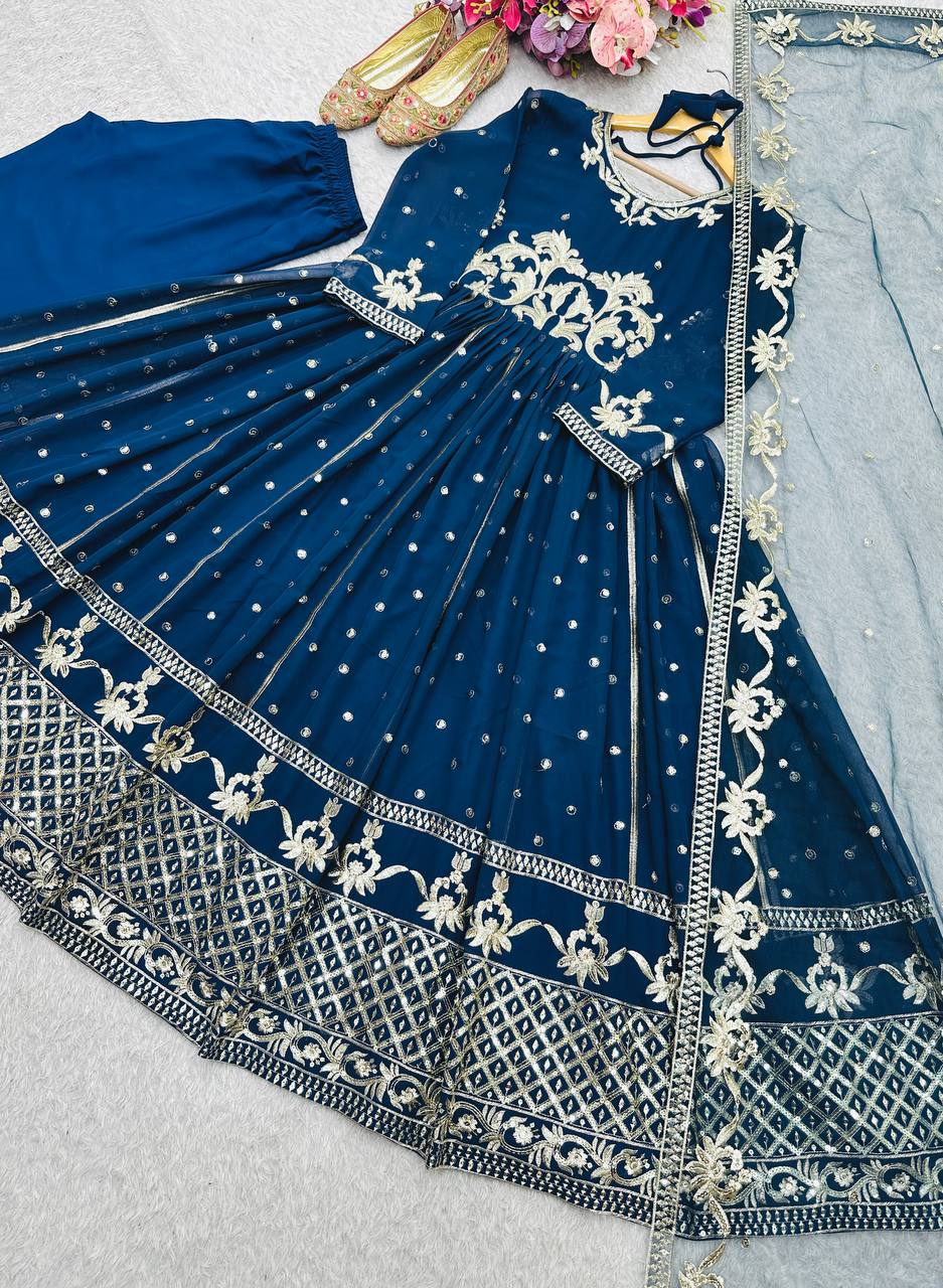 Alluring Teal Blue Color Designer Anarkali Suit