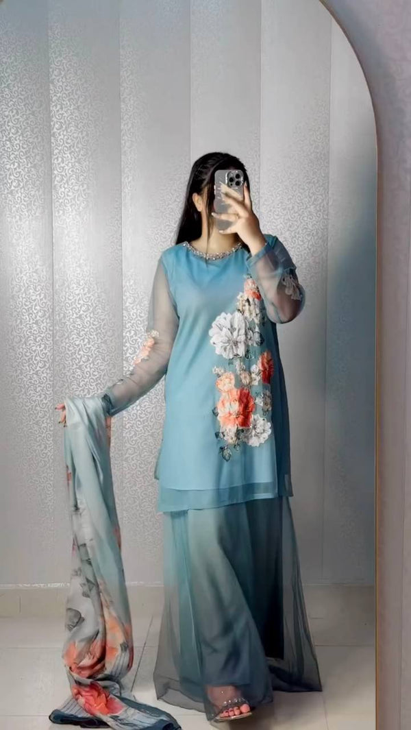 Part Wear Digital Print And Real Khatali Handwork Palazzo Suit