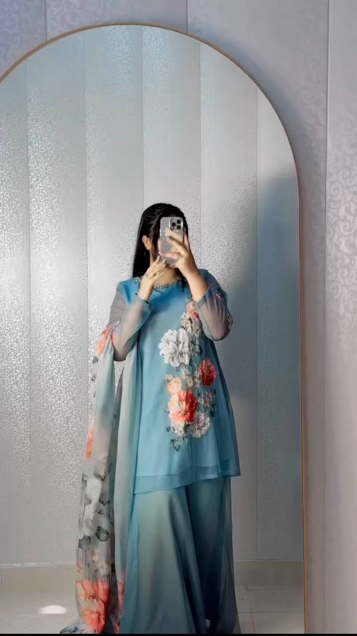 Part Wear Digital Print And Real Khatali Handwork Palazzo Suit