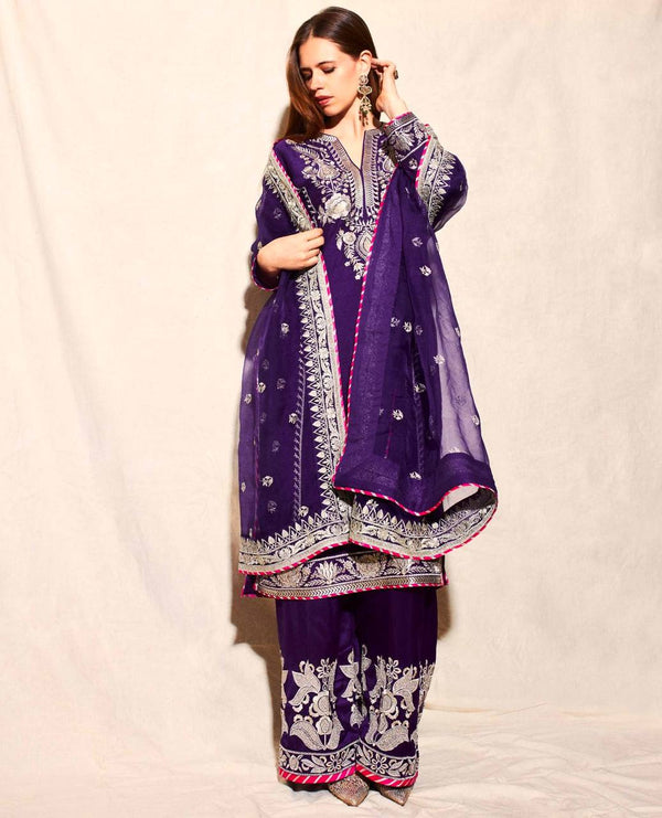 Ravishing Purple Color Pure Chinon Silk With Embroidery Coding Sequence Work Palazzo Suit