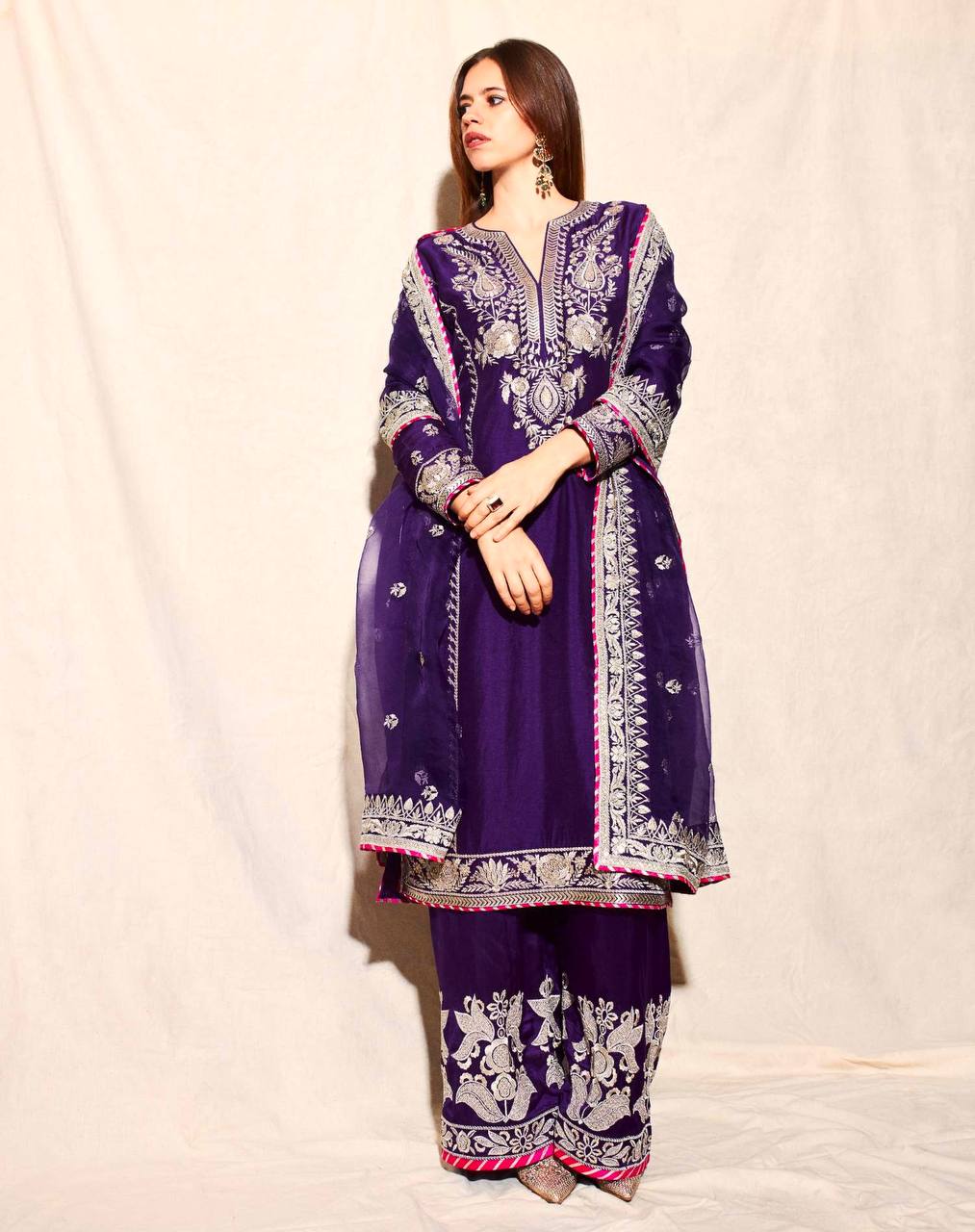 Ravishing Purple Color Pure Chinon Silk With Embroidery Coding Sequence Work Palazzo Suit