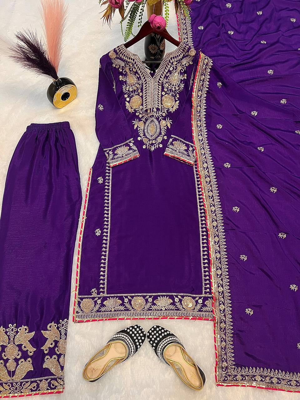 Ravishing Purple Color Pure Chinon Silk With Embroidery Coding Sequence Work Palazzo Suit