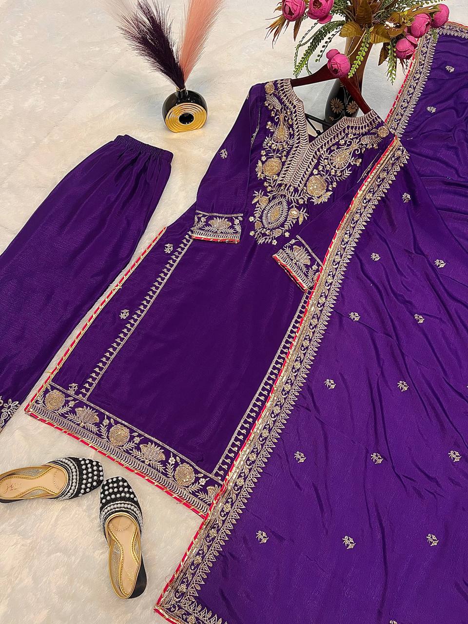 Ravishing Purple Color Pure Chinon Silk With Embroidery Coding Sequence Work Palazzo Suit