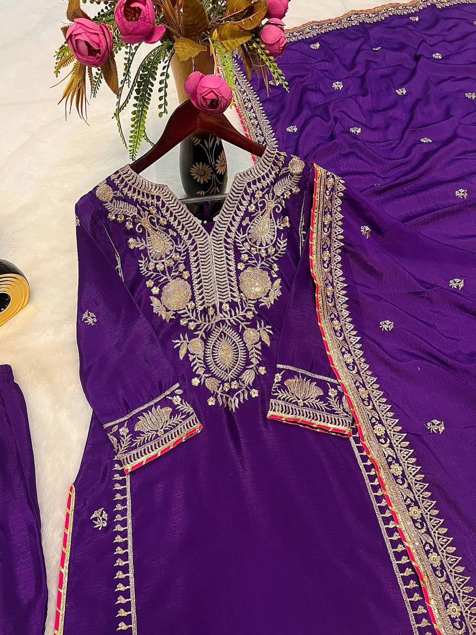 Ravishing Purple Color Pure Chinon Silk With Embroidery Coding Sequence Work Palazzo Suit