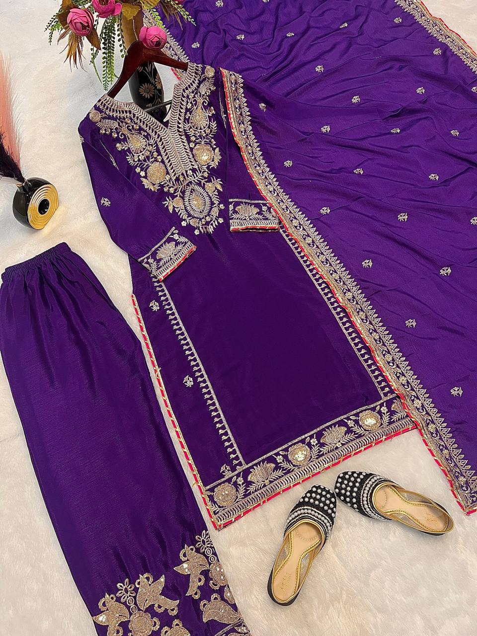 Ravishing Purple Color Pure Chinon Silk With Embroidery Coding Sequence Work Palazzo Suit