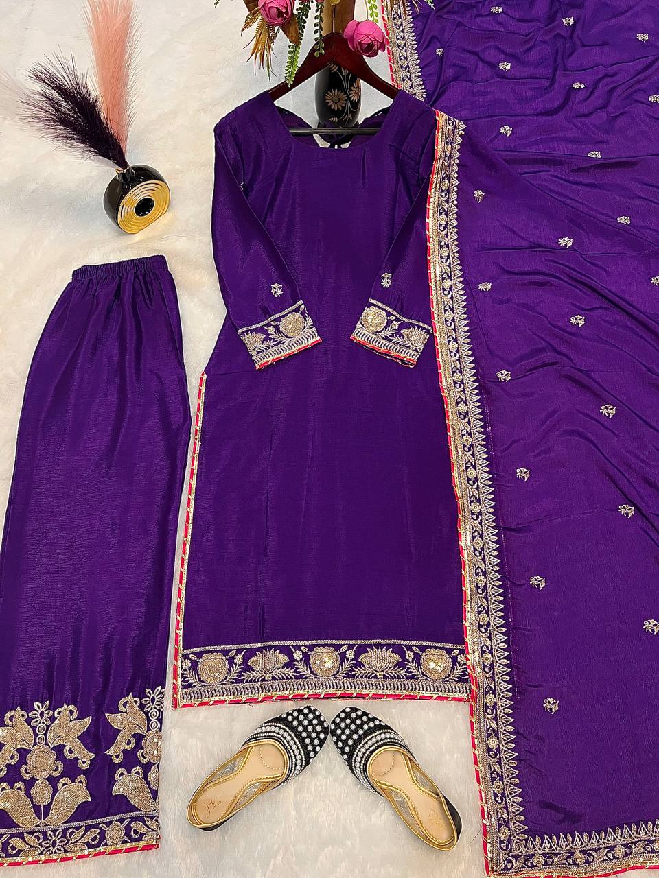 Ravishing Purple Color Pure Chinon Silk With Embroidery Coding Sequence Work Palazzo Suit