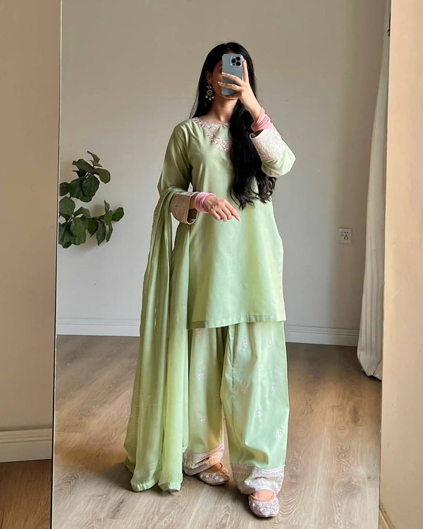 Beautiful Pista Color Embroidered Designer Salwar Suit