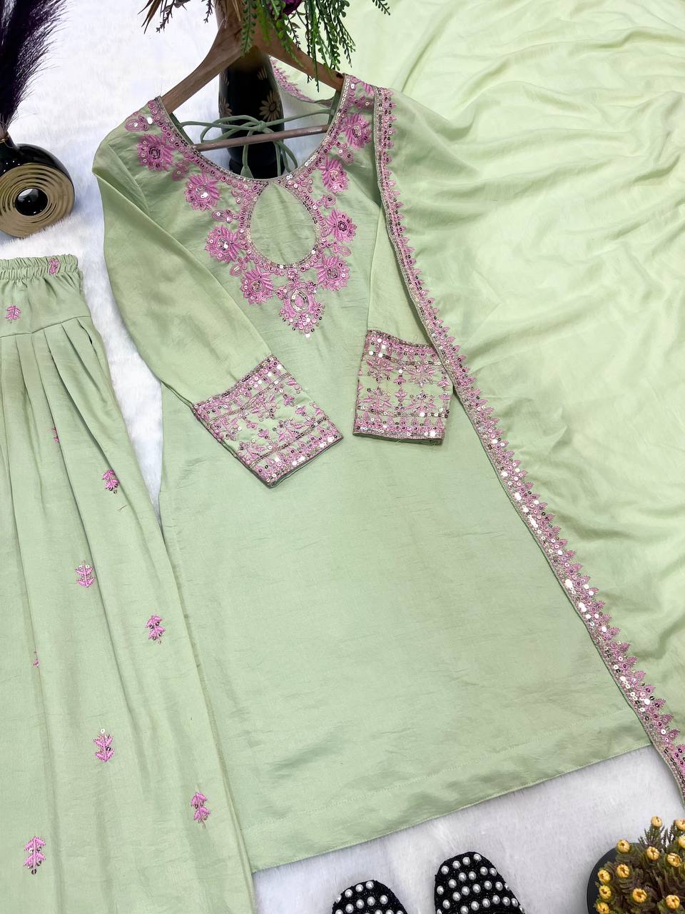 Beautiful Pista Color Embroidered Designer Salwar Suit