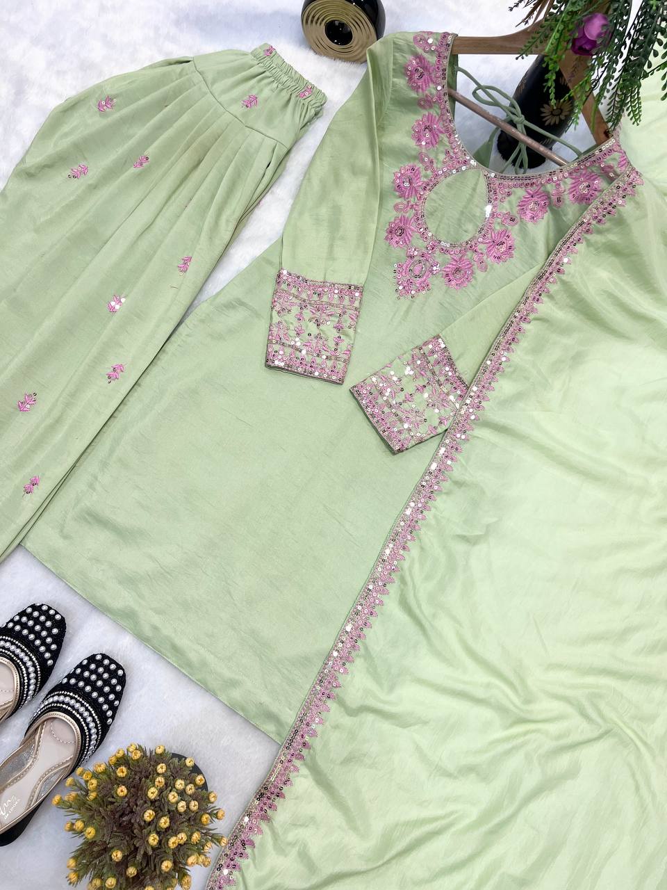 Beautiful Pista Color Embroidered Designer Salwar Suit