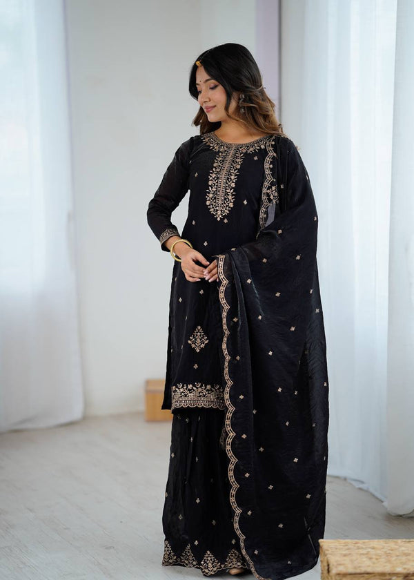 Gorgeous Black Color Embroidered Designer Sharara Suit