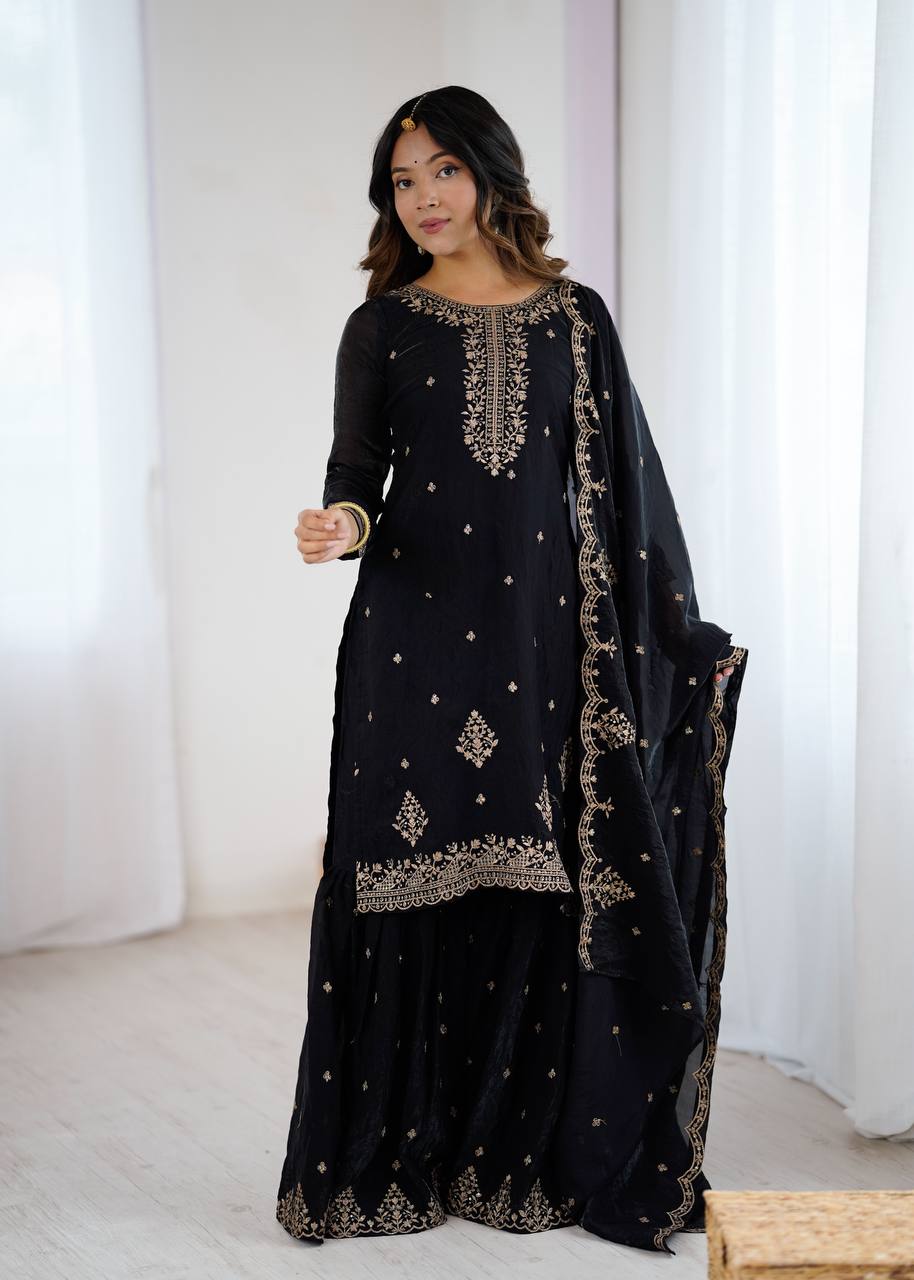 Gorgeous Black Color Embroidered Designer Sharara Suit