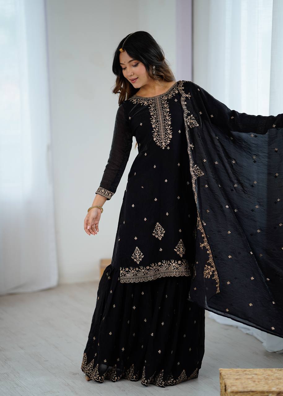 Gorgeous Black Color Embroidered Designer Sharara Suit