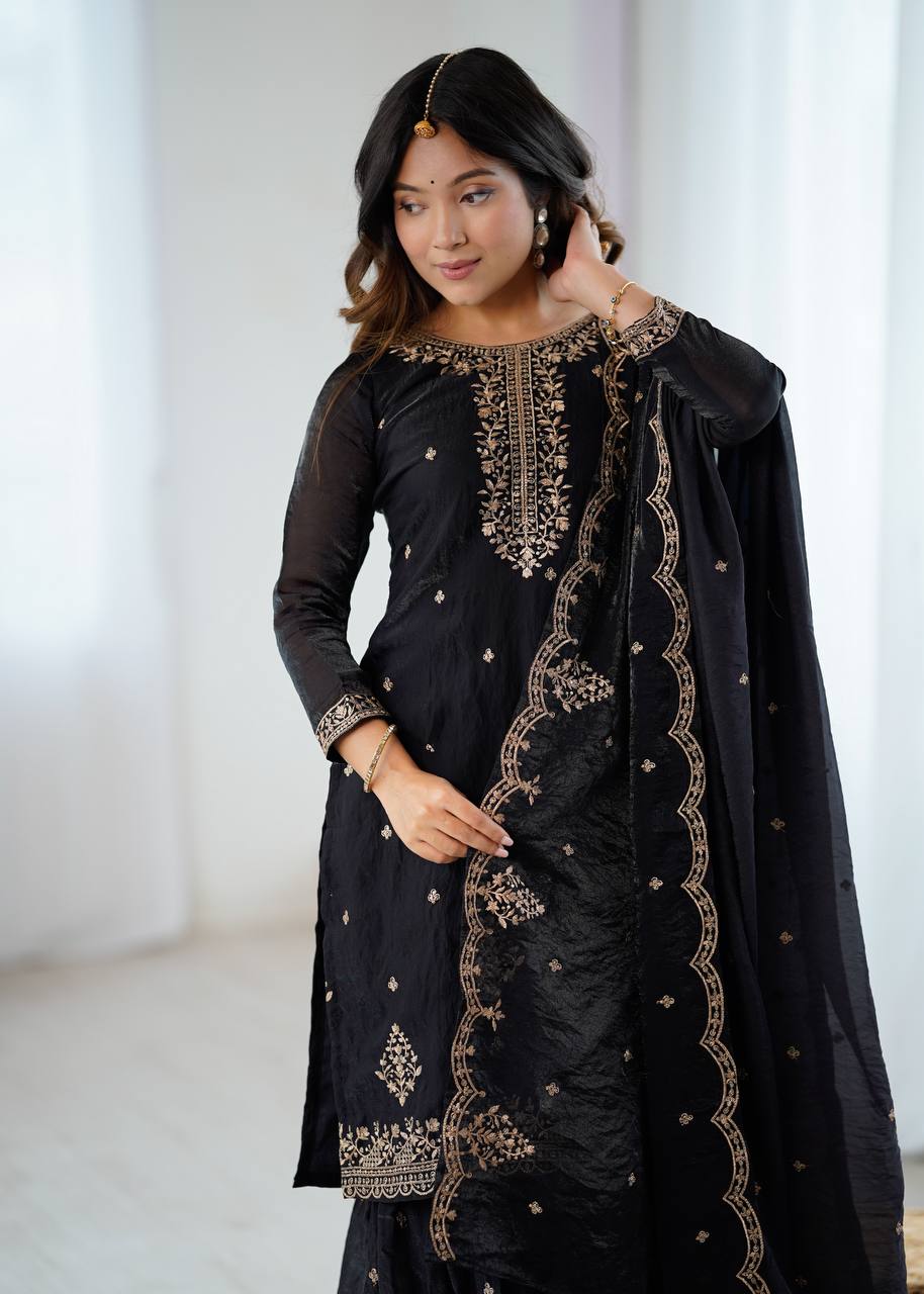 Gorgeous Black Color Embroidered Designer Sharara Suit