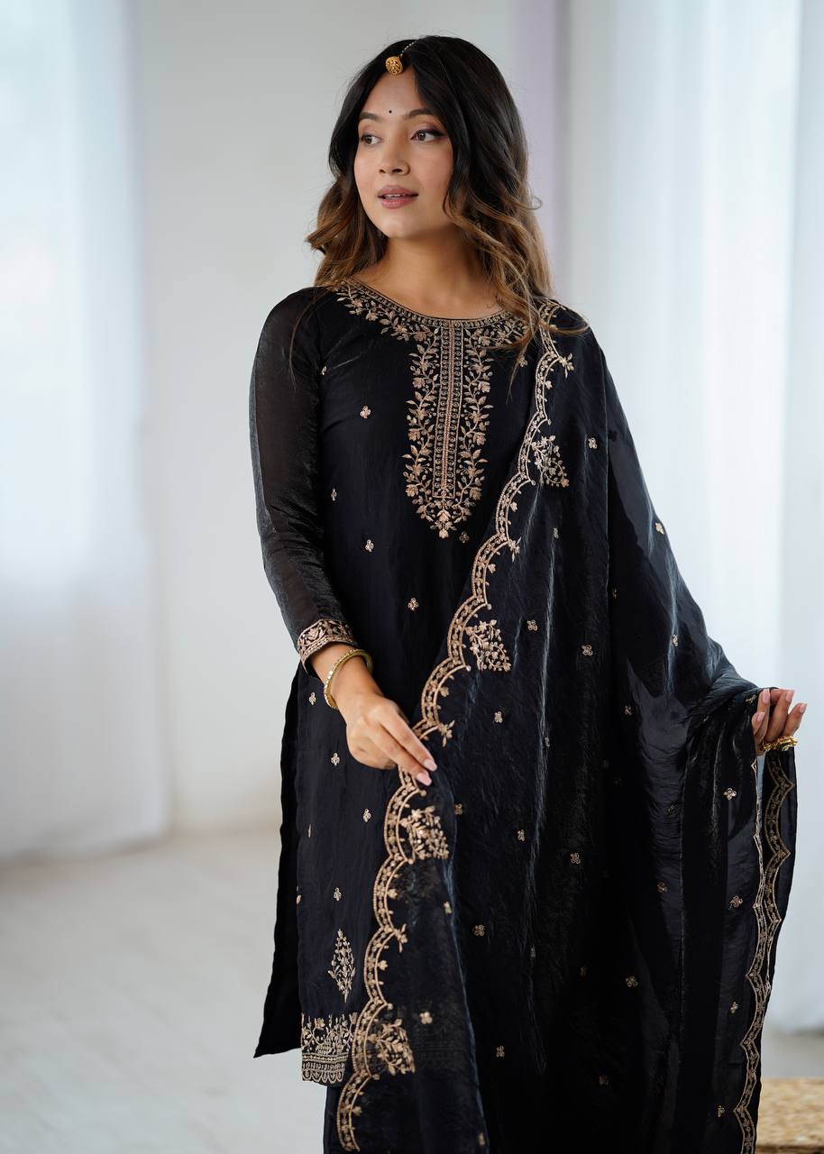 Gorgeous Black Color Embroidered Designer Sharara Suit